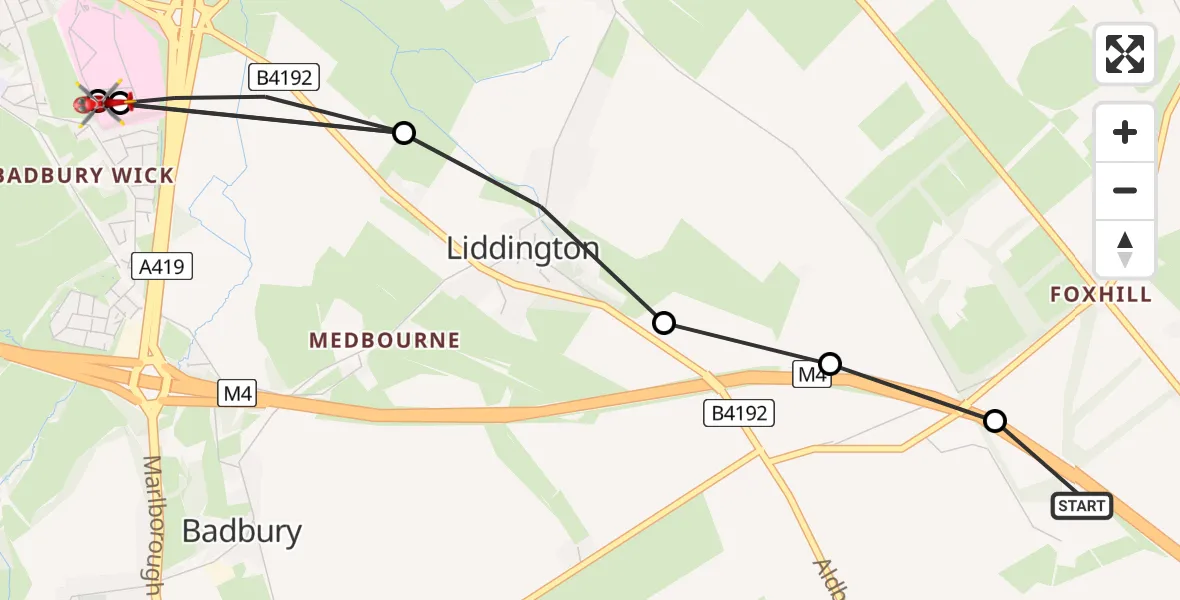Flight route Air Ambulance Helicopter Wanborough - Great Western Hospital, 07 August 2026, 13:58