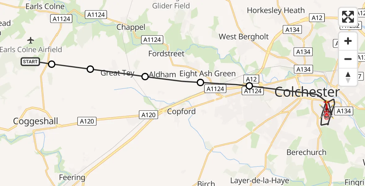 Flight route Air Ambulance Helicopter Braintree - Colchester, 07 August 2026, 14:00