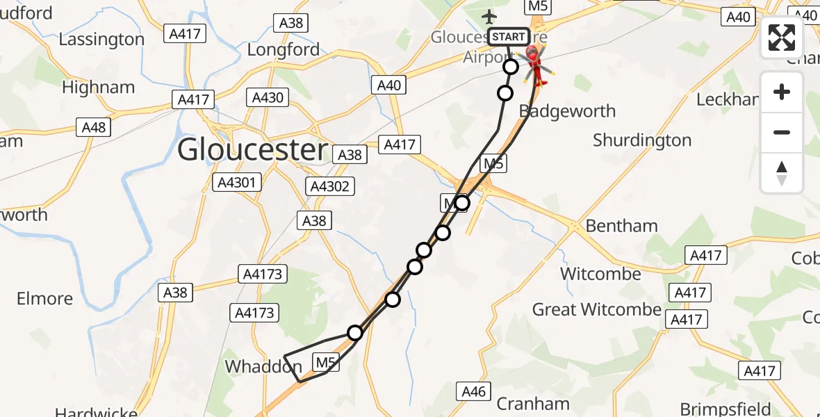 Flight route Air Ambulance Helicopter Gloucestershire Airport - Tewkesbury, 07 August 2026, 14:01
