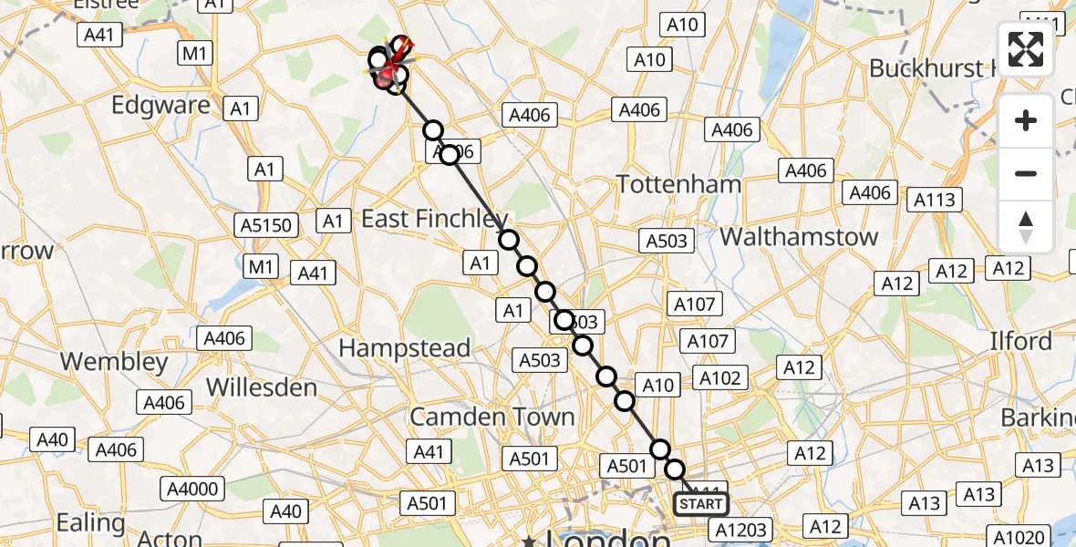 Flight route Air Ambulance Helicopter Royal London Hospital - Whetstone, 07 August 2026, 14:01