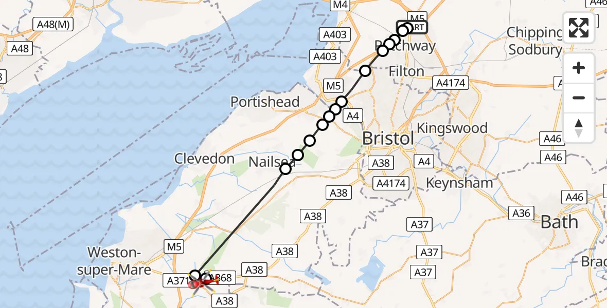 Flight route Air Ambulance Helicopter Almondsbury Helicopter Base - Banwell, 07 August 2026, 14:08