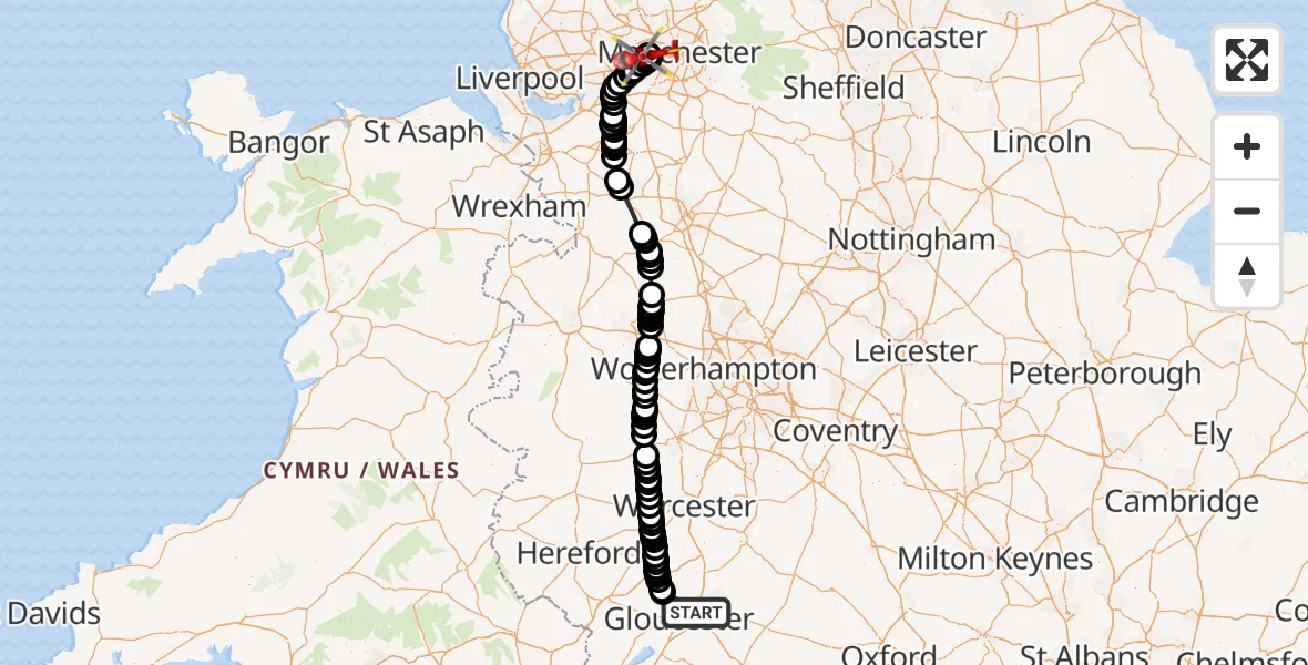 Flight route Air Ambulance Helicopter Gloucestershire Airport - Manchester Barton Aerodrome, 07 August 2026, 14:09