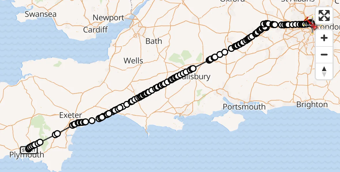 Flight route Air Ambulance Helicopter Derriford Hospital - Fitzrovia, 07 August 2026, 14:09