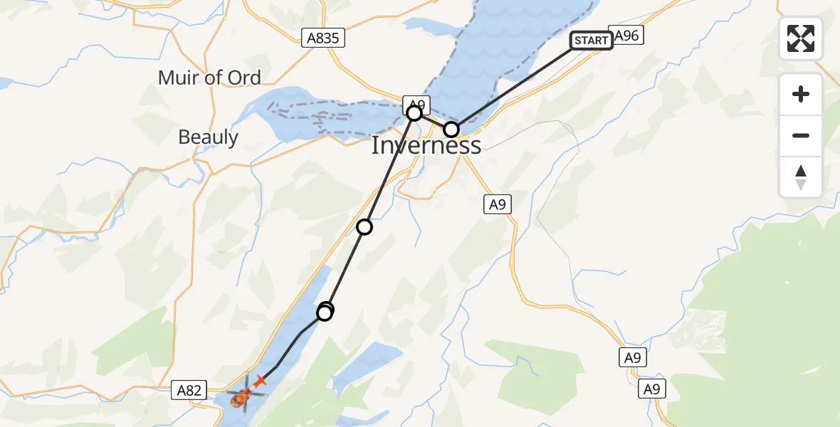 Flight route Coastguard Helicopter Inverness Airport - Loch Ness, 07 August 2026, 14:12