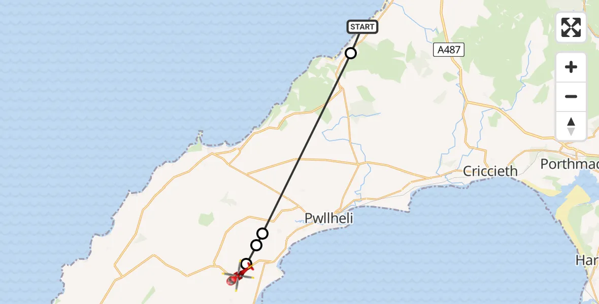 Flight route Air Ambulance Helicopter Clynnog - Mynytho, 07 August 2026, 14:18