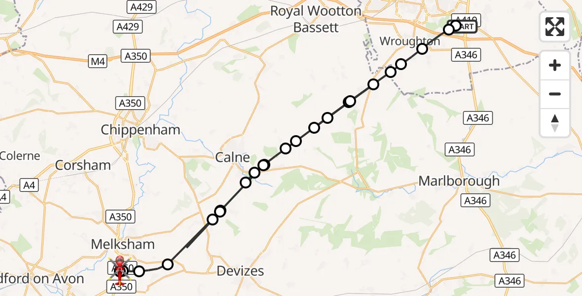 Flight route Air Ambulance Helicopter Great Western Hospital - Wiltshire Air Ambulance, 07 August 2026, 14:28