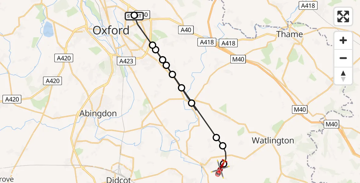 Flight route Air Ambulance Helicopter John Radcliffe Hospital - RAF Benson, 07 August 2026, 14:32