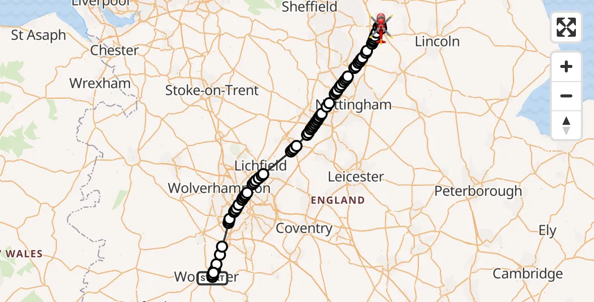 Flight route Air Ambulance Helicopter Worcester Royal Hospital - Retford Gamston Airport, 07 August 2026, 14:34