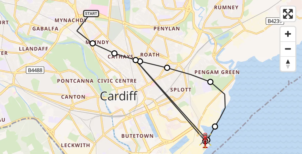 Flight route Air Ambulance Helicopter Birchgrove - Cardiff Heliport, 07 August 2026, 14:41