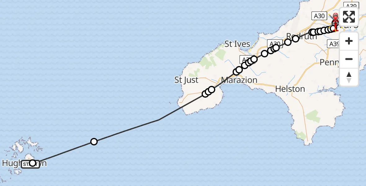 Flight route Air Ambulance Helicopter St. Mary's Airport - Treliske Hospital, 07 August 2026, 14:44