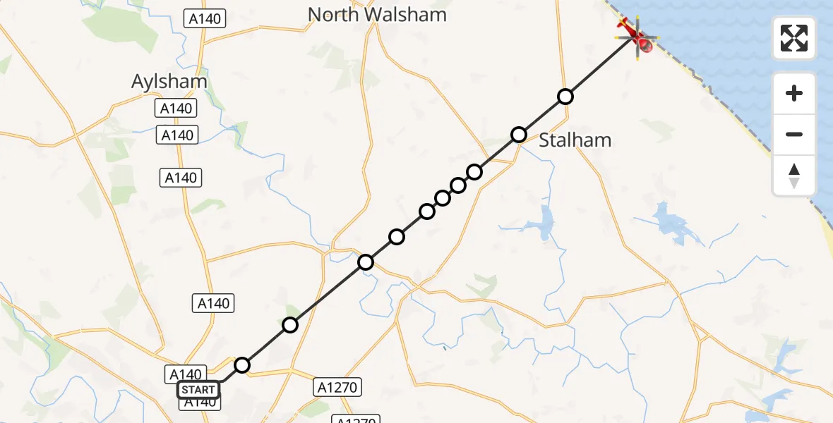 Flight route Air Ambulance Helicopter Norwich Airport - Eccles on Sea, 07 August 2026, 14:46