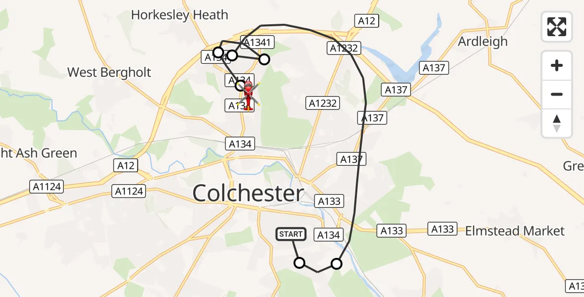 Flight route Air Ambulance Helicopter Colchester - Colchester Hospital, 07 August 2026, 14:47