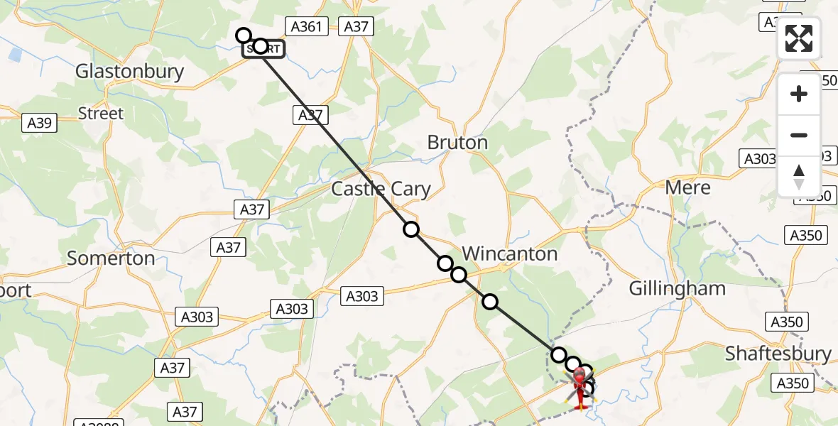 Flight route Air Ambulance Helicopter Pilton - Henstridge Airfield, 07 August 2026, 14:53