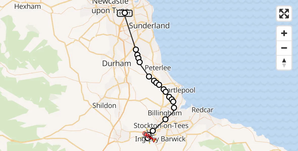 Flight route Air Ambulance Helicopter Gateshead - Egglescliffe, 07 August 2026, 14:54