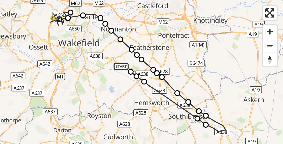 Flight route Police Helicopter New Crofton - East Ardsley, 07 August 2026, 14:58