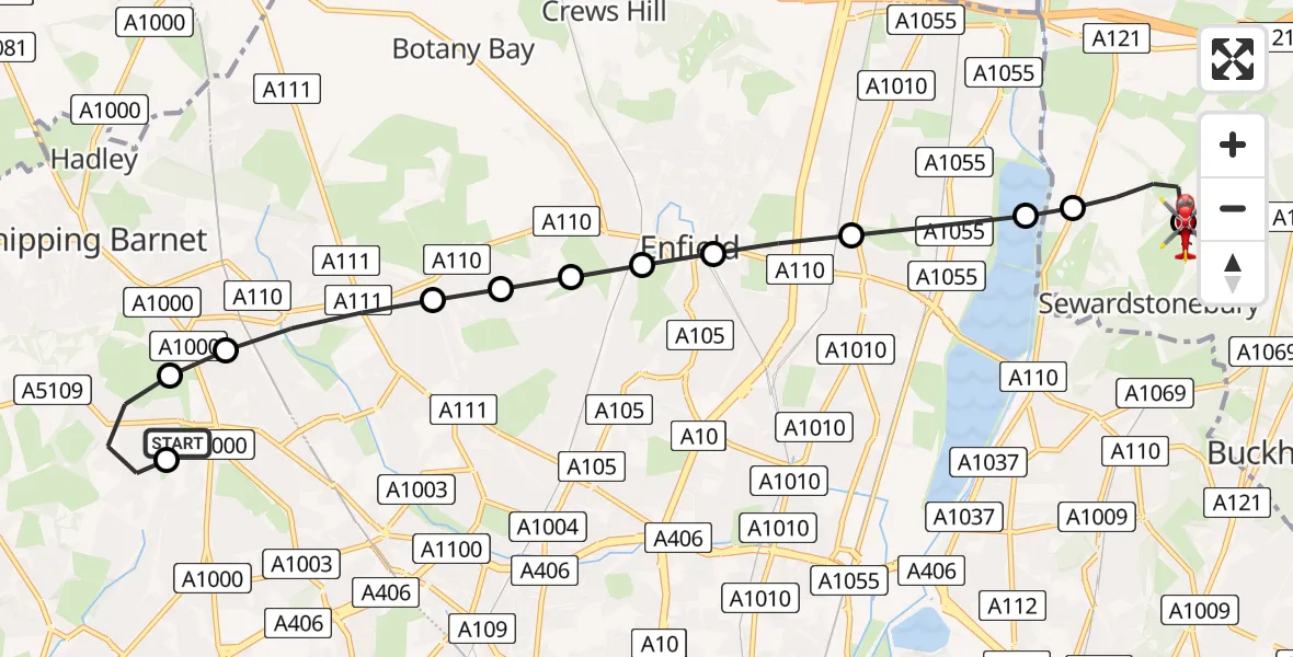 Flight route Air Ambulance Helicopter Woodside Park - Metropolitan Police Air Support Unit Lippitts Hill, 07 August 2026, 15:02
