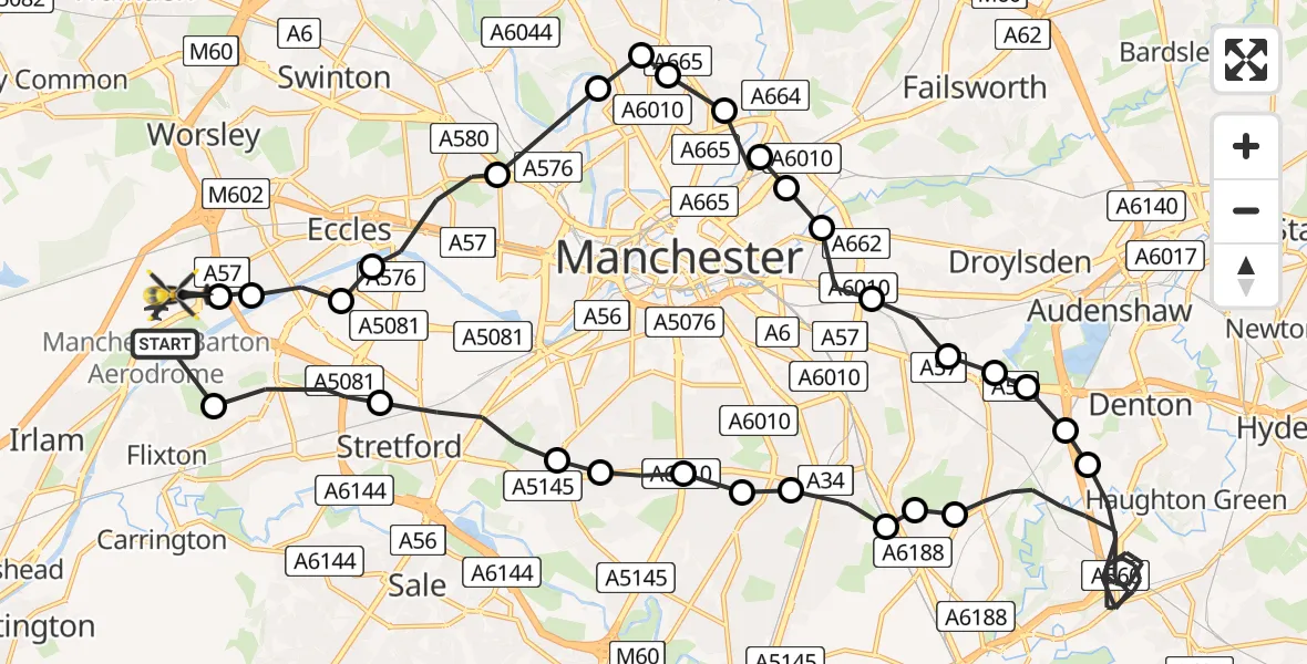 Flight route Police Helicopter Manchester Barton Aerodrome - Worsley, 07 August 2026, 15:04