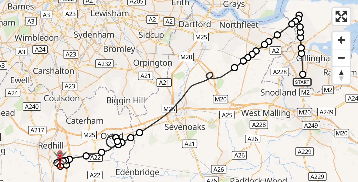 Flight route Air Ambulance Helicopter Rochester Airport - Redhill Aerodrome, 07 August 2026, 15:06