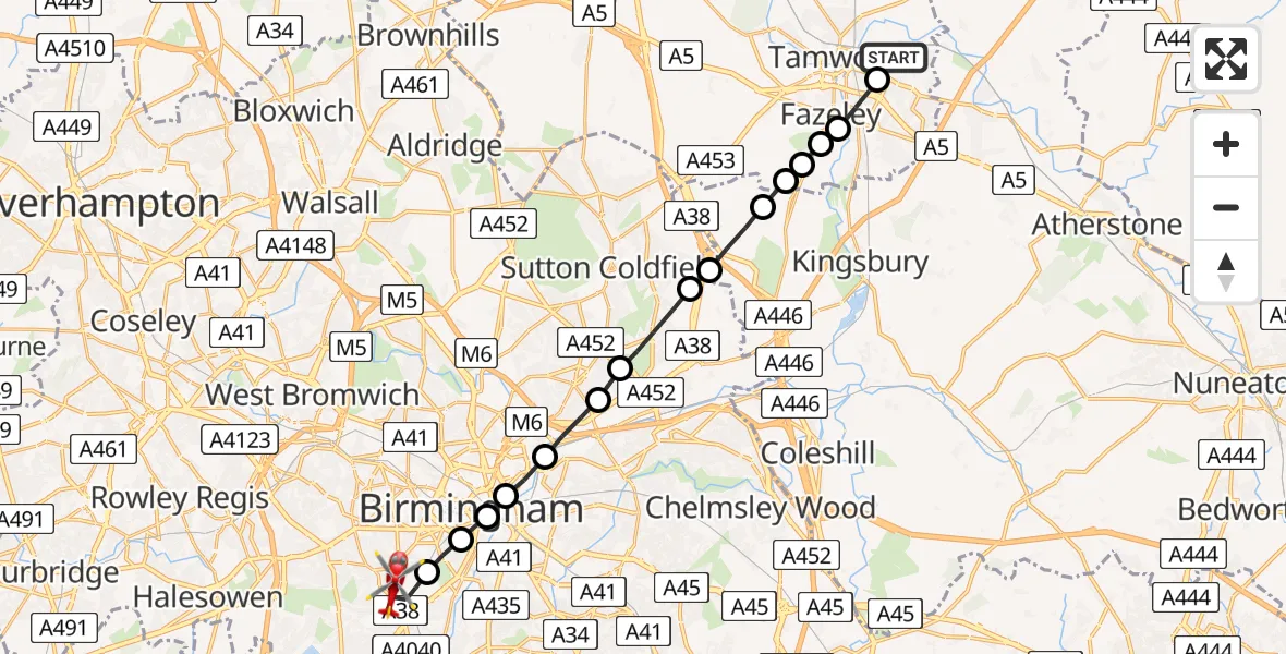 Flight route Air Ambulance Helicopter Tamworth - Metchley, 07 August 2026, 15:06