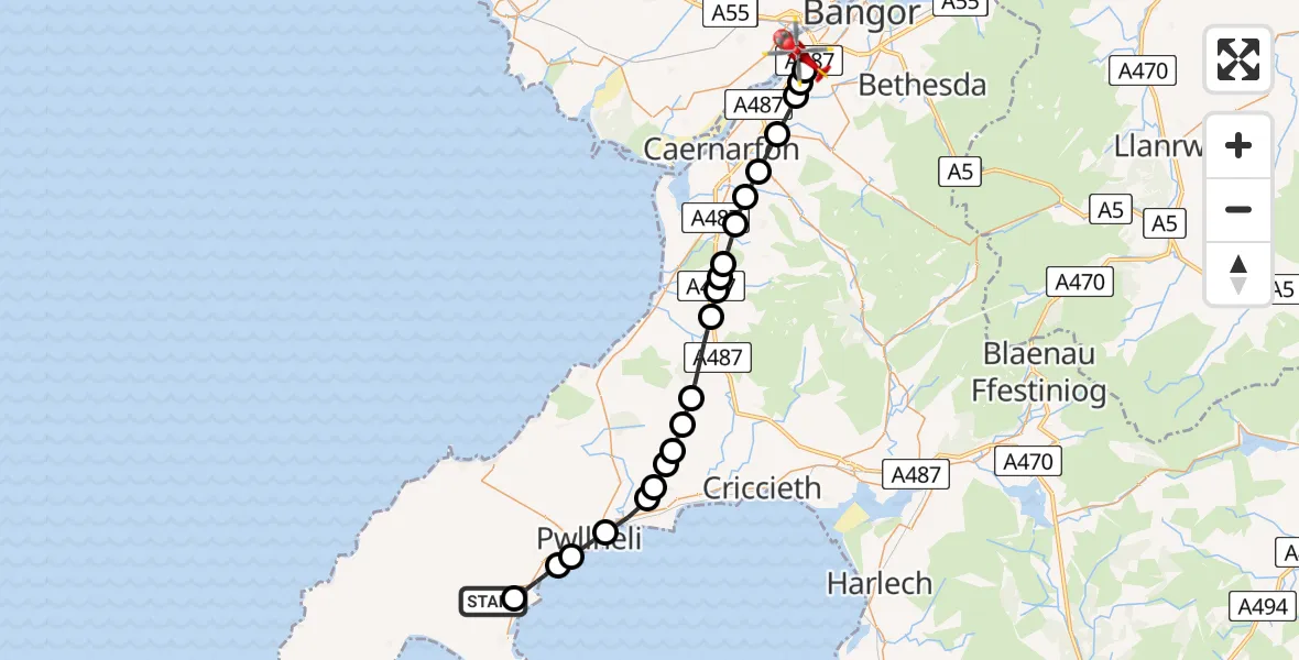 Flight route Air Ambulance Helicopter Mynytho - Aber Pwll, 07 August 2026, 15:11