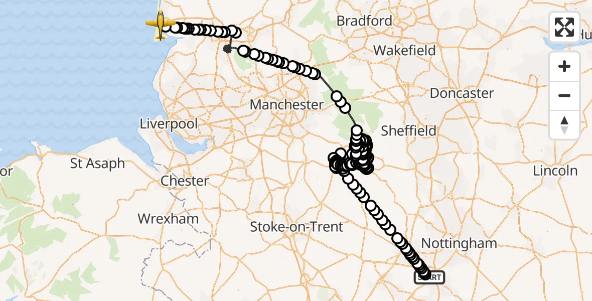 Flight route Police Aircraft East Midlands Airport - Blackpool Airport, 07 August 2026, 15:14