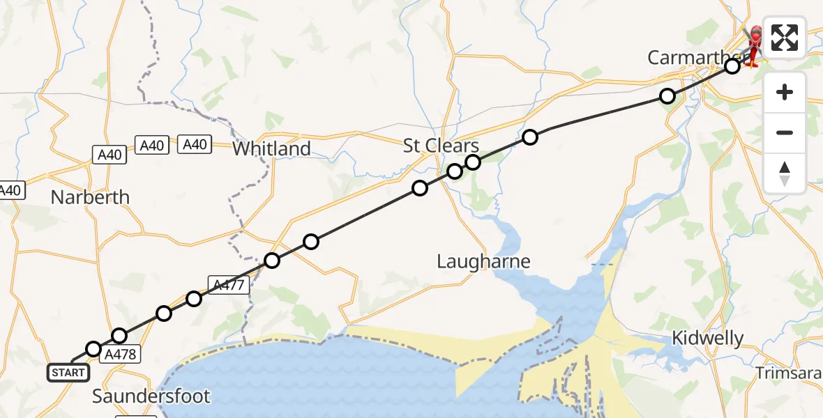 Flight route Air Ambulance Helicopter East Williamston - Abergwili, 07 August 2026, 15:16