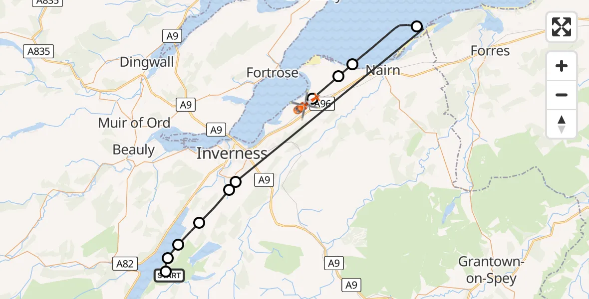 Flight route Coastguard Helicopter Torness - Inverness Airport, 07 August 2026, 15:18