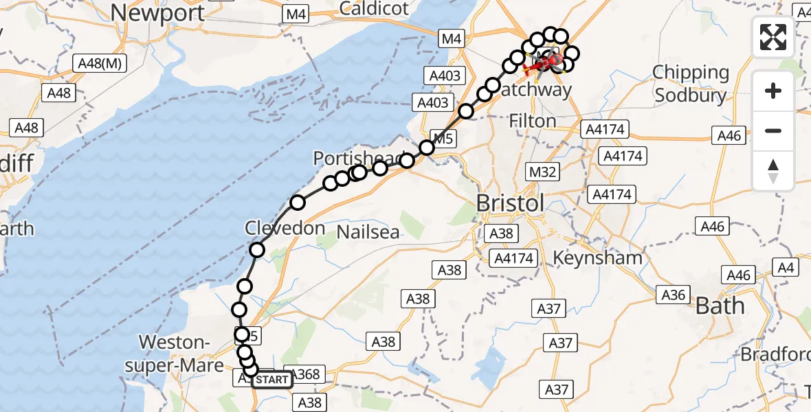 Flight route Air Ambulance Helicopter Woolvershill Batch - Almondsbury Helicopter Base, 07 August 2026, 15:24