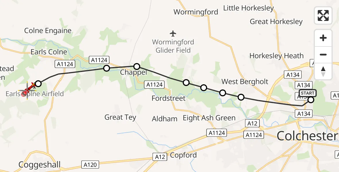 Flight route Air Ambulance Helicopter Colchester Hospital - Earls Colne Airfield, 07 August 2026, 15:28