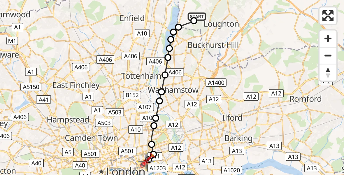 Flight route Air Ambulance Helicopter Metropolitan Police Air Support Unit Lippitts Hill - Royal London Hospital, 07 August 2026, 15:28