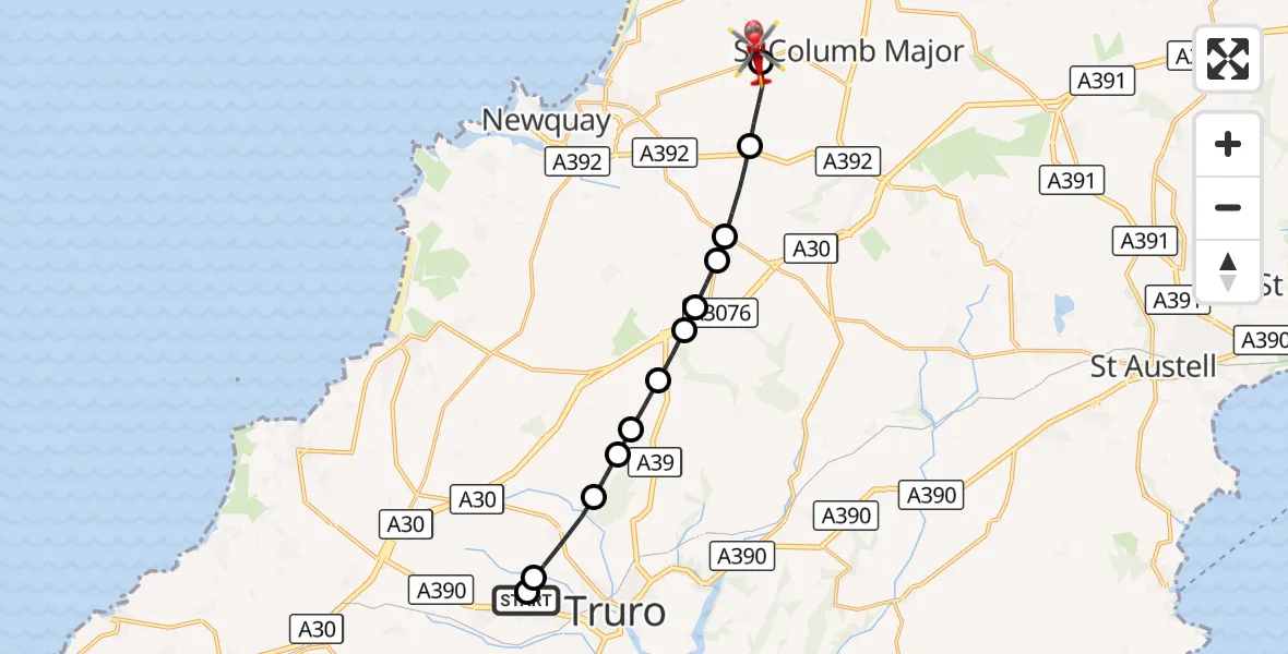 Flight route Air Ambulance Helicopter Treliske Hospital - Cornwall Airport Newquay, 07 August 2026, 15:29