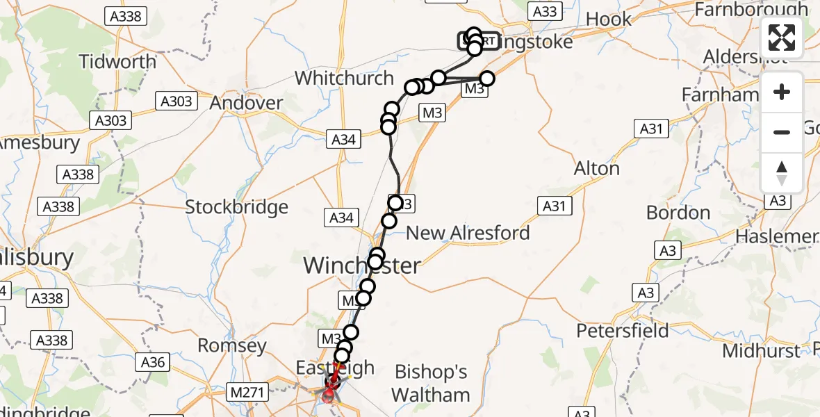 Flight route Air Ambulance Helicopter Worting - Southampton Airport, 07 August 2026, 15:50