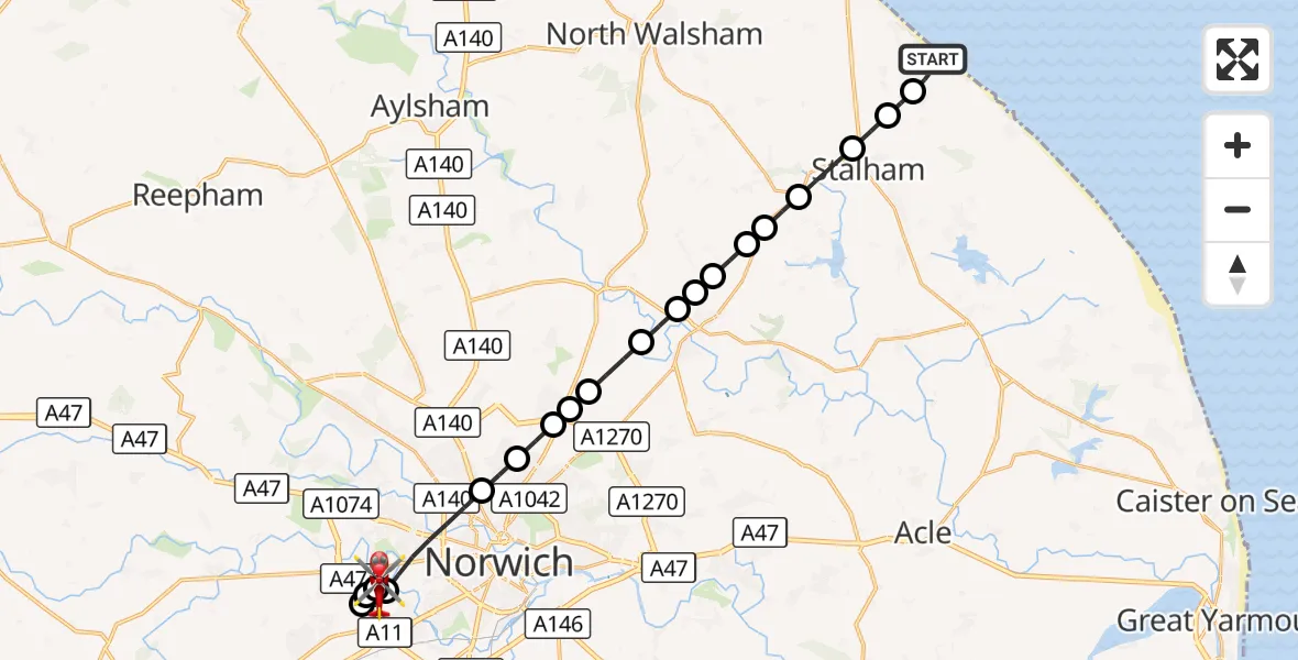 Flight route Air Ambulance Helicopter Eccles on Sea - Norfolk & Norwich Hospital, 07 August 2026, 15:55