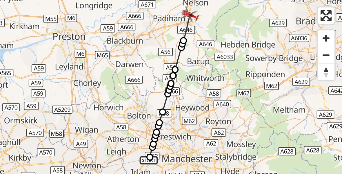 Flight route Air Ambulance Helicopter Manchester Barton Aerodrome - Burnley, 07 August 2026, 15:56