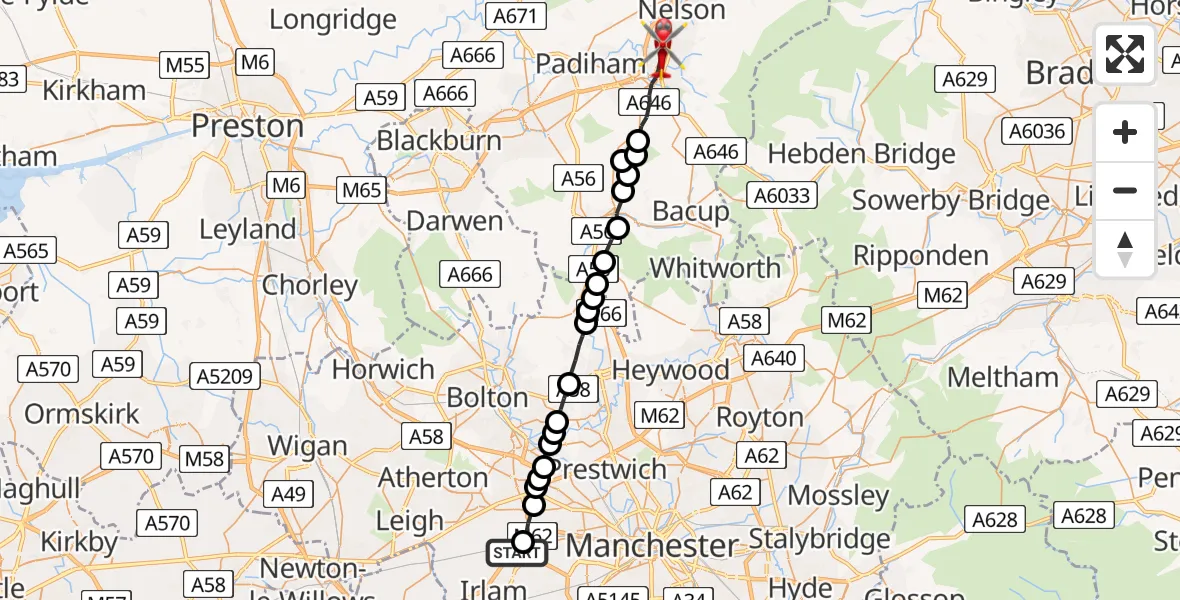 Flight route Air Ambulance Helicopter Manchester Barton Aerodrome - Burnley, 07 August 2026, 15:56