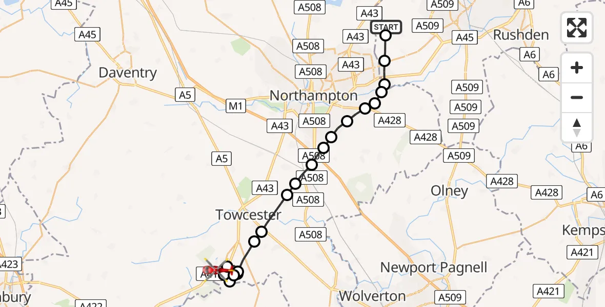 Flight route Air Ambulance Helicopter Sywell Aerodrome - Syresham, 07 August 2026, 16:00