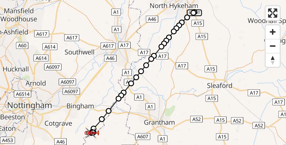 Flight route Air Ambulance Helicopter RAF Waddington - Rushcliffe, 07 August 2026, 16:11