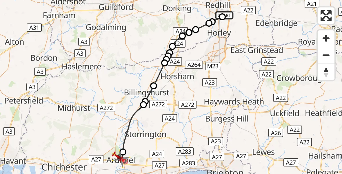 Flight route Air Ambulance Helicopter Redhill Aerodrome - Arundel, 07 August 2026, 16:11