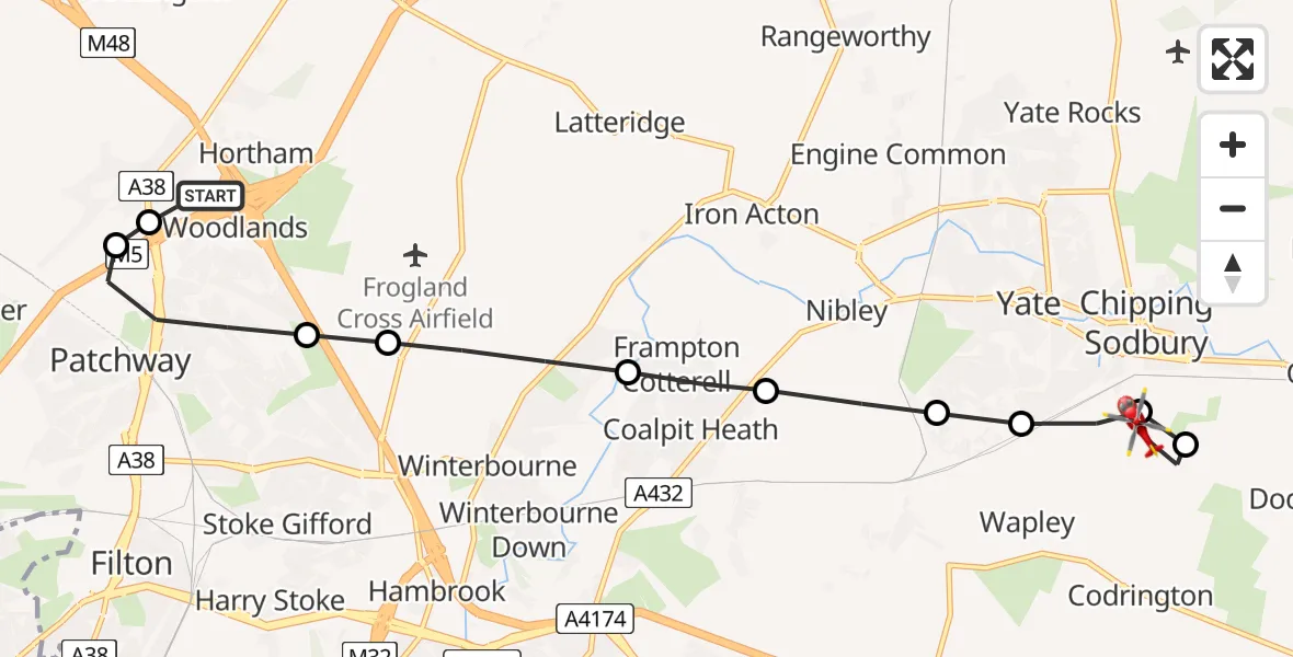 Flight route Air Ambulance Helicopter Almondsbury Helicopter Base - Wapley, 07 August 2026, 16:16