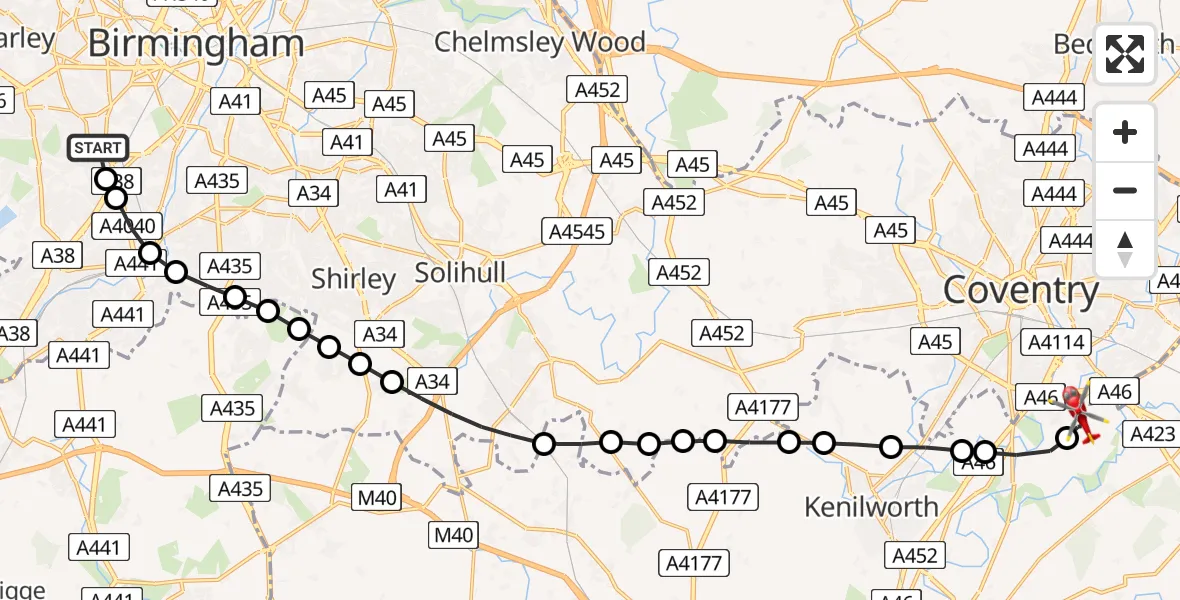 Flight route Air Ambulance Helicopter Metchley - Coventry Airport, 07 August 2026, 16:19