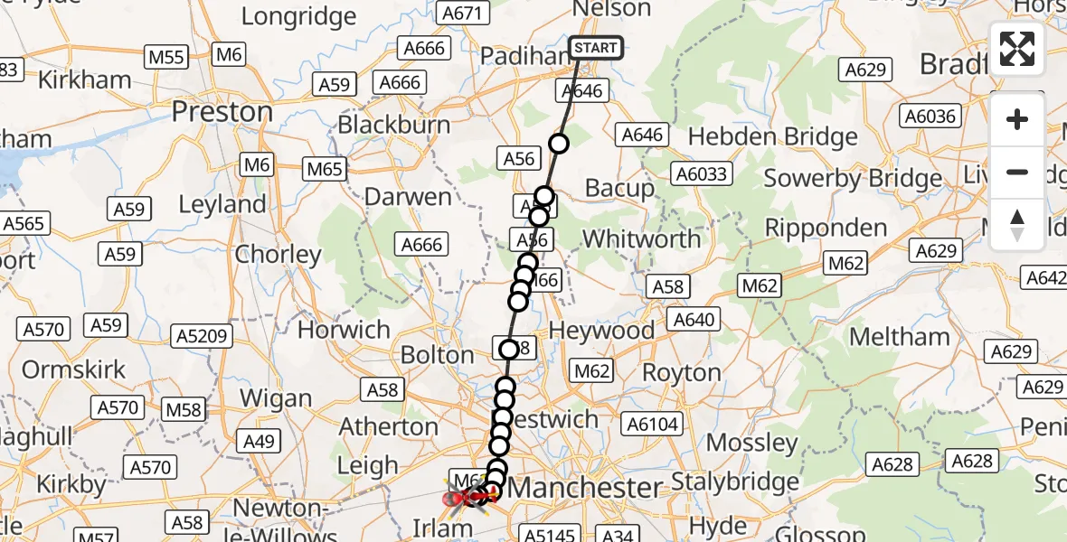Flight route Air Ambulance Helicopter Burnley - Manchester Barton Aerodrome, 07 August 2026, 16:29