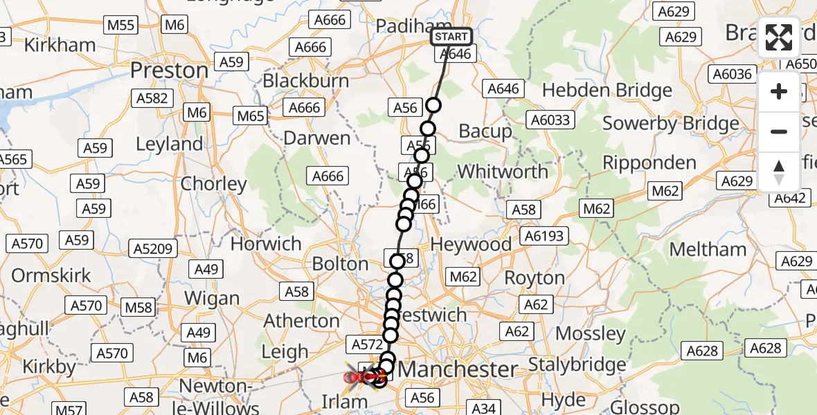 Flight route Air Ambulance Helicopter Burnley - Manchester Barton Aerodrome, 07 August 2026, 16:30