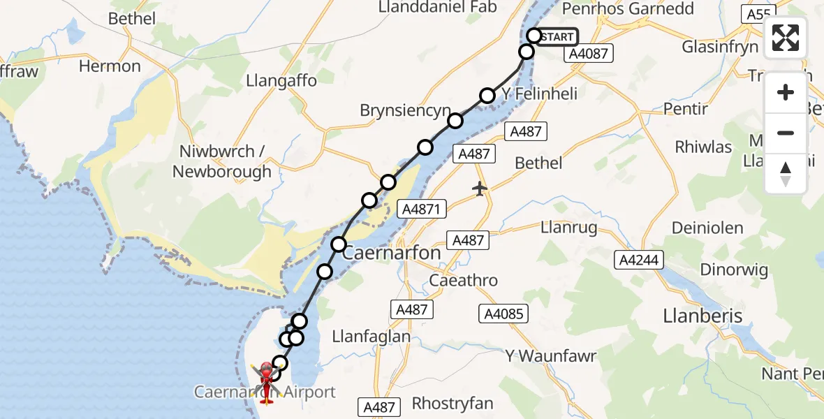 Flight route Air Ambulance Helicopter Pentir - Caernarfon Airport, 07 August 2026, 16:33