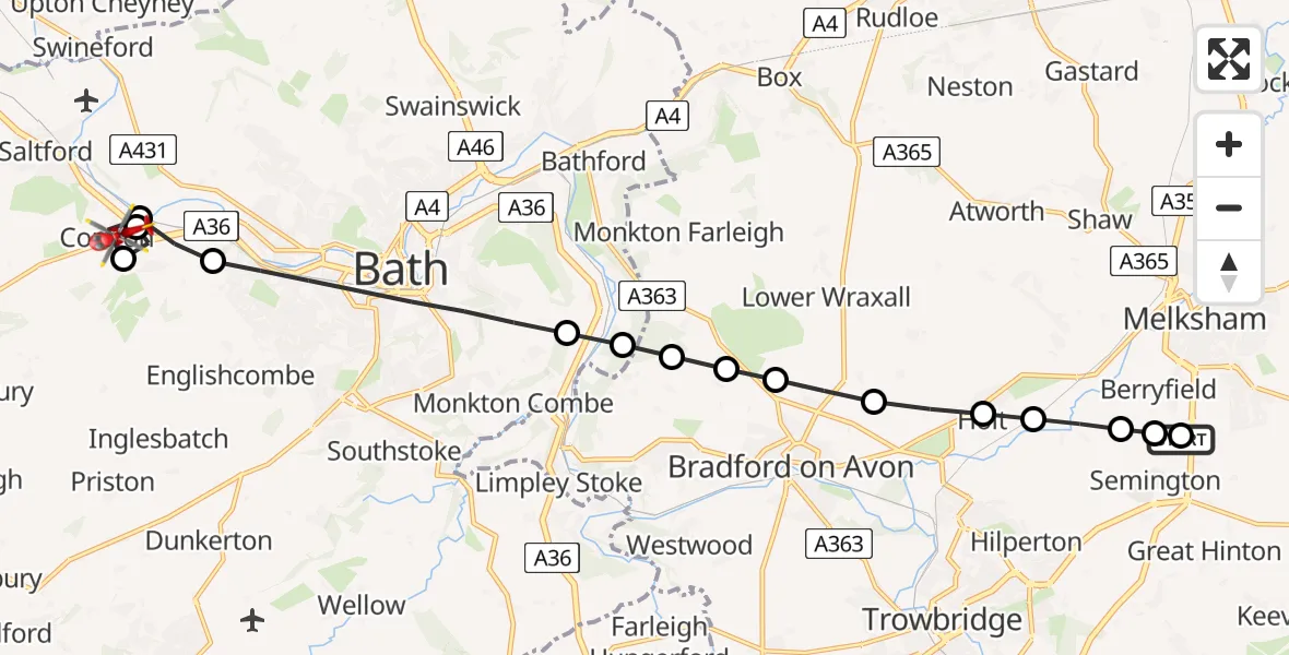 Flight route Air Ambulance Helicopter Wiltshire Air Ambulance - Corston, 07 August 2026, 16:34