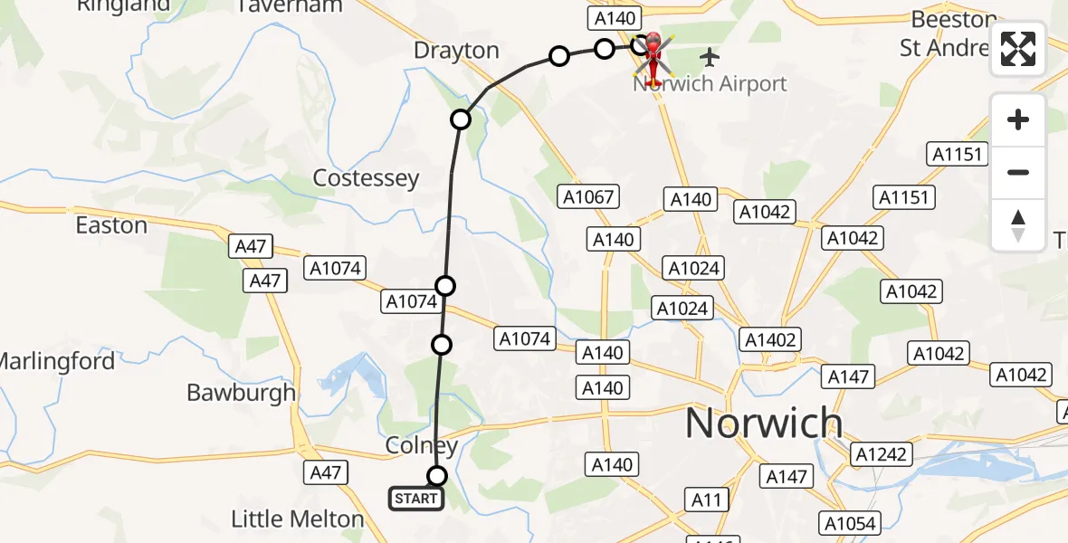 Flight route Air Ambulance Helicopter Norfolk & Norwich Hospital - Norwich Airport, 07 August 2026, 16:39