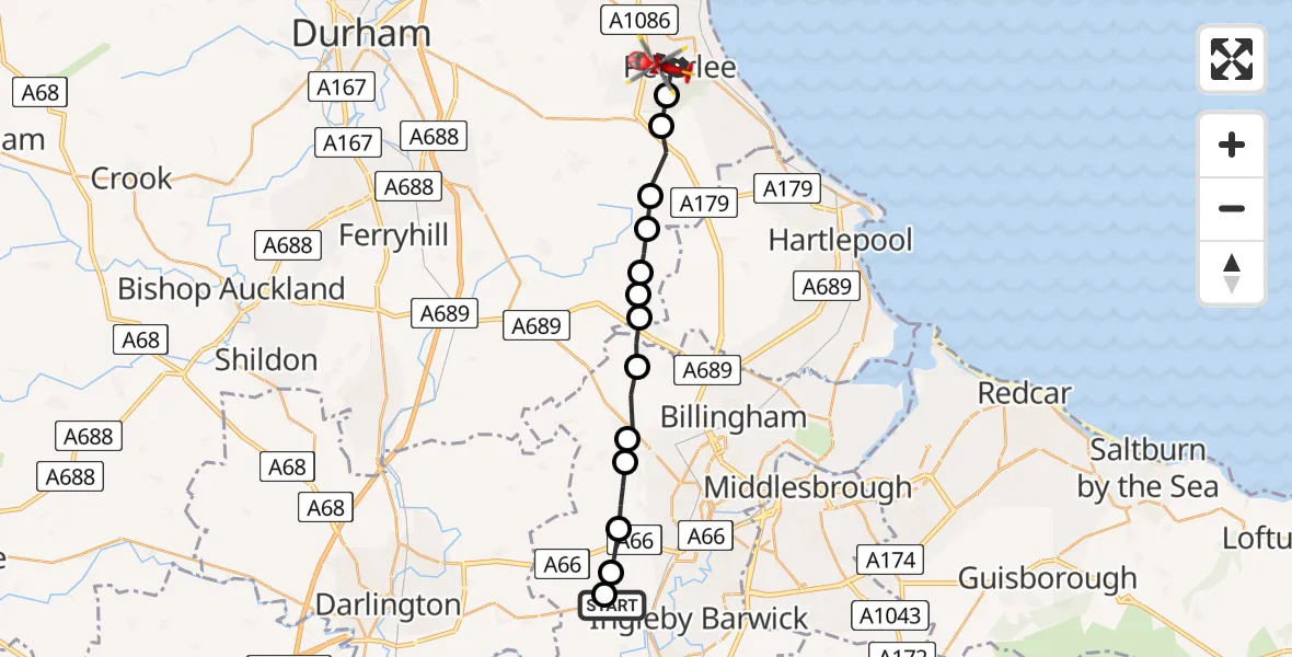 Flight route Air Ambulance Helicopter Egglescliffe - Peterlee, 07 August 2026, 16:40