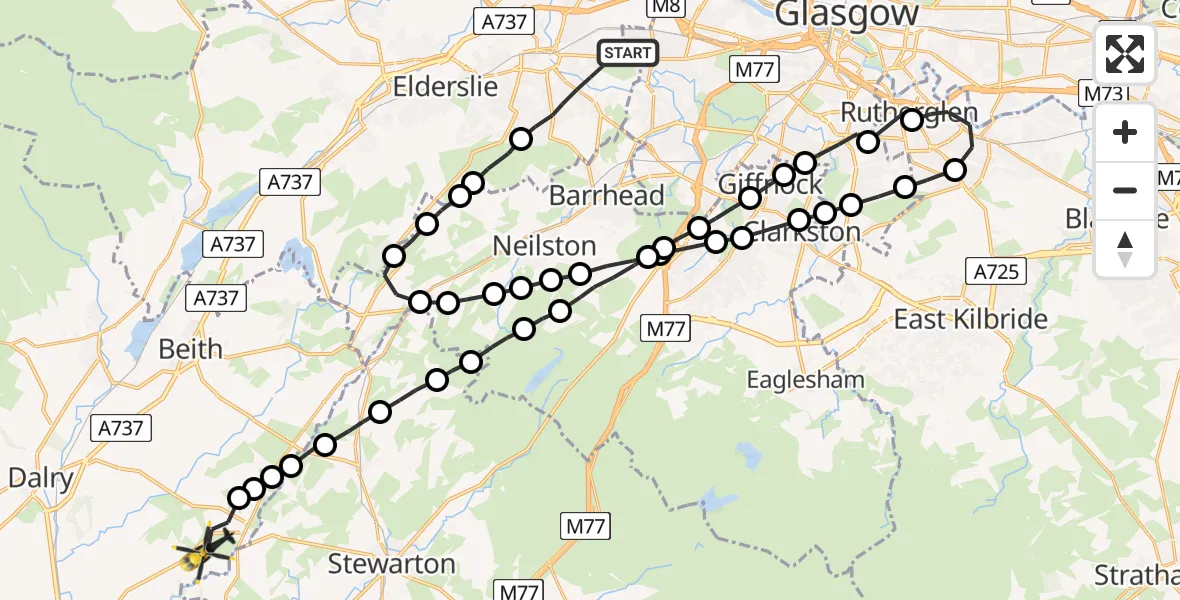 Flight route Police Helicopter Paisley - Auchentiber, 07 August 2026, 16:51