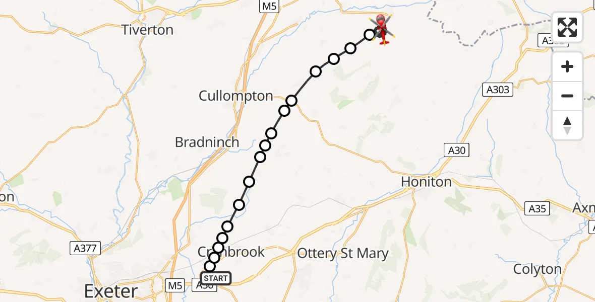 Flight route Air Ambulance Helicopter Exeter International Airport - Hemyock, 07 August 2026, 17:00