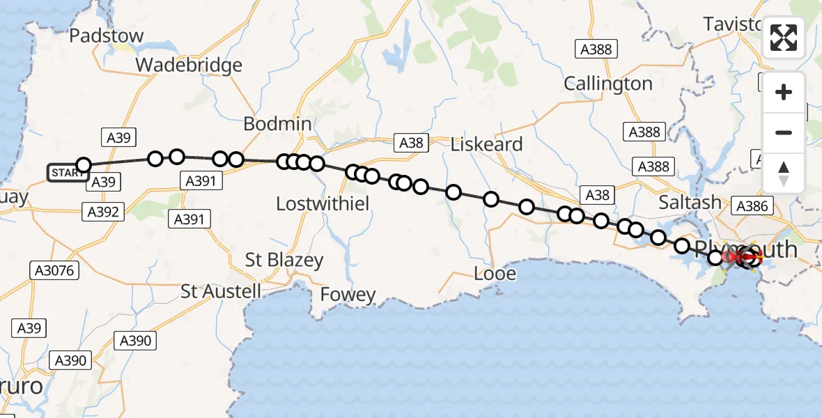 Flight route Air Ambulance Helicopter Cornwall Airport Newquay - West Hoe, 07 August 2026, 17:02
