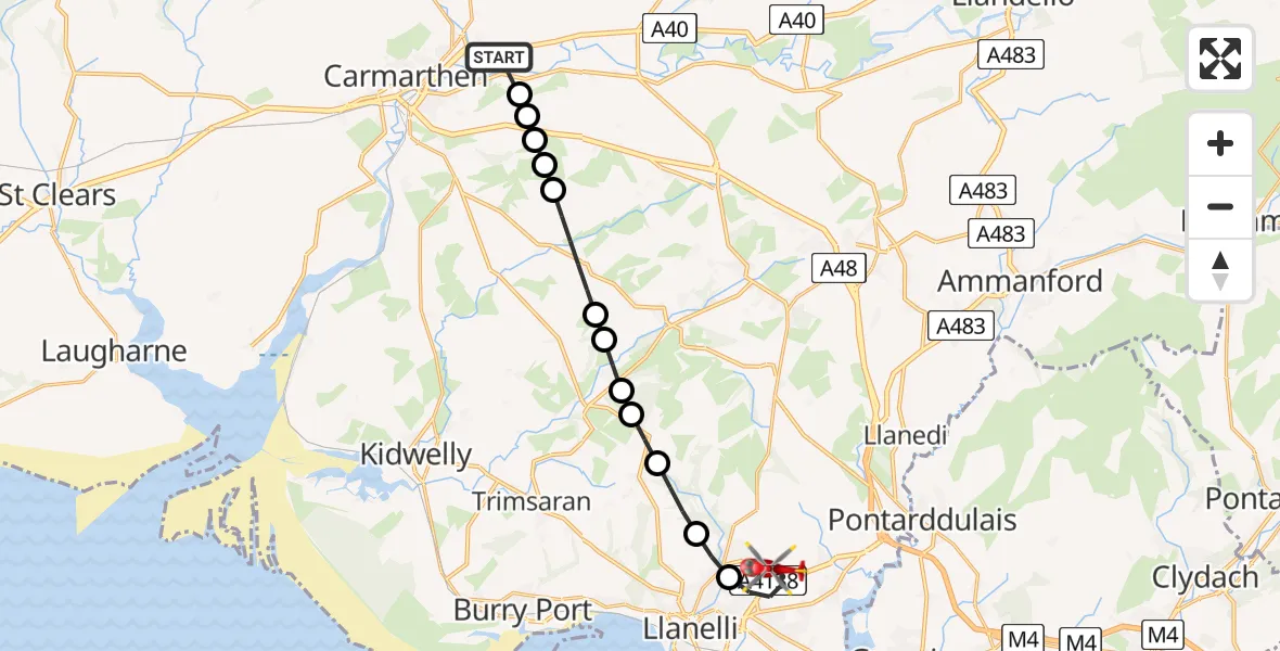 Flight route Air Ambulance Helicopter Abergwili - Dafen, 07 August 2026, 17:02